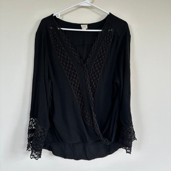Surf Gypsy Boho Faux Wrap Top Lightweight Black Lace Long Sleeve V-Neck MEDIUM - Picture 1 of 10